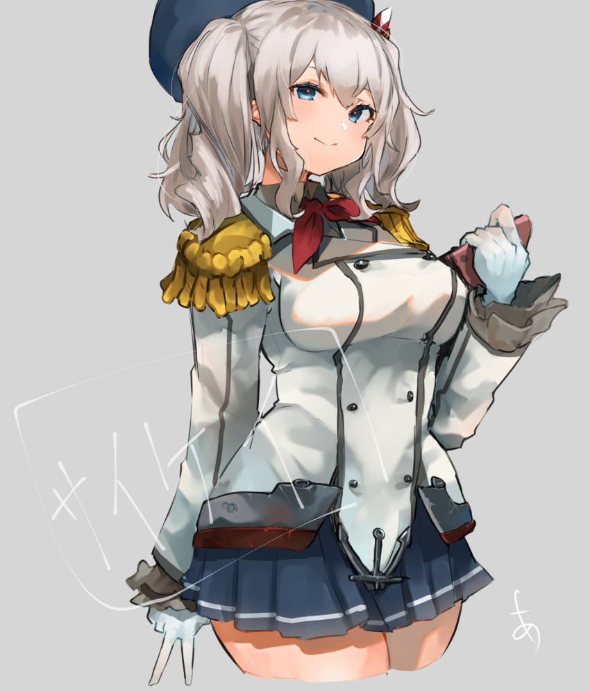 1girl beret blue_eyes cowboy_shot cropped_legs employee_uniform epaulettes frilled_sleeves frills gloves grey_background grey_hair grey_skirt hat highres kantai_collection kashima_(kancolle) long_hair long_sleeves looking_at_viewer military_uniform neckerchief pleated_skirt red_neckerchief sidelocks simple_background skirt solo sunday_aki twintails wavy_hair white_gloves