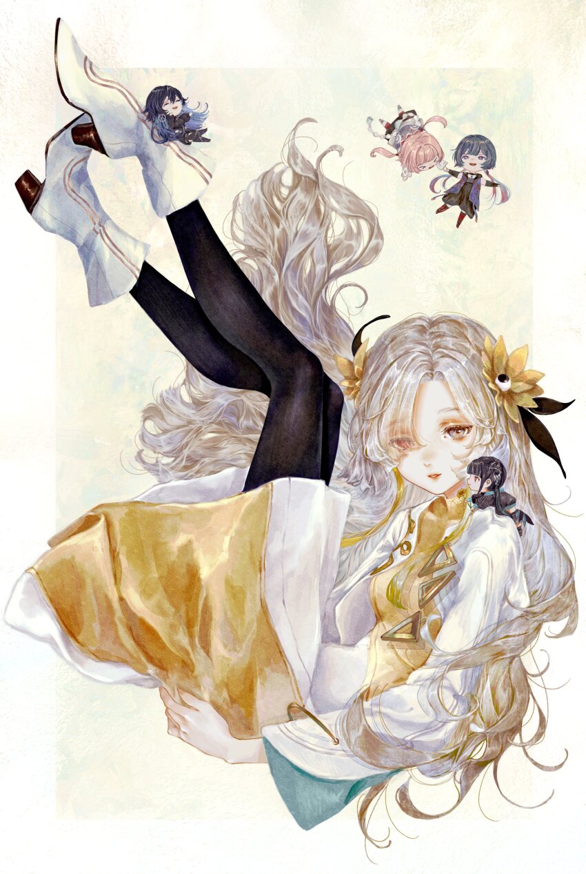 5girls absurdres black_pantyhose blonde_hair boots dress full_body grey_eyes grey_hair harusaruhi heterochromia high_heel_boots high_heels highres isekaijoucho kaf_(kamitsubaki_studio) kamitsubaki_studio koko_(kamitsubaki_studio) legs_up light_smile long_hair looking_at_viewer mini_person minigirl multicolored_hair multiple_girls pantyhose parted_lips red_eyes rim_(kamitsubaki_studio) shirone_(coxo_ii) two-tone_hair wavy_hair