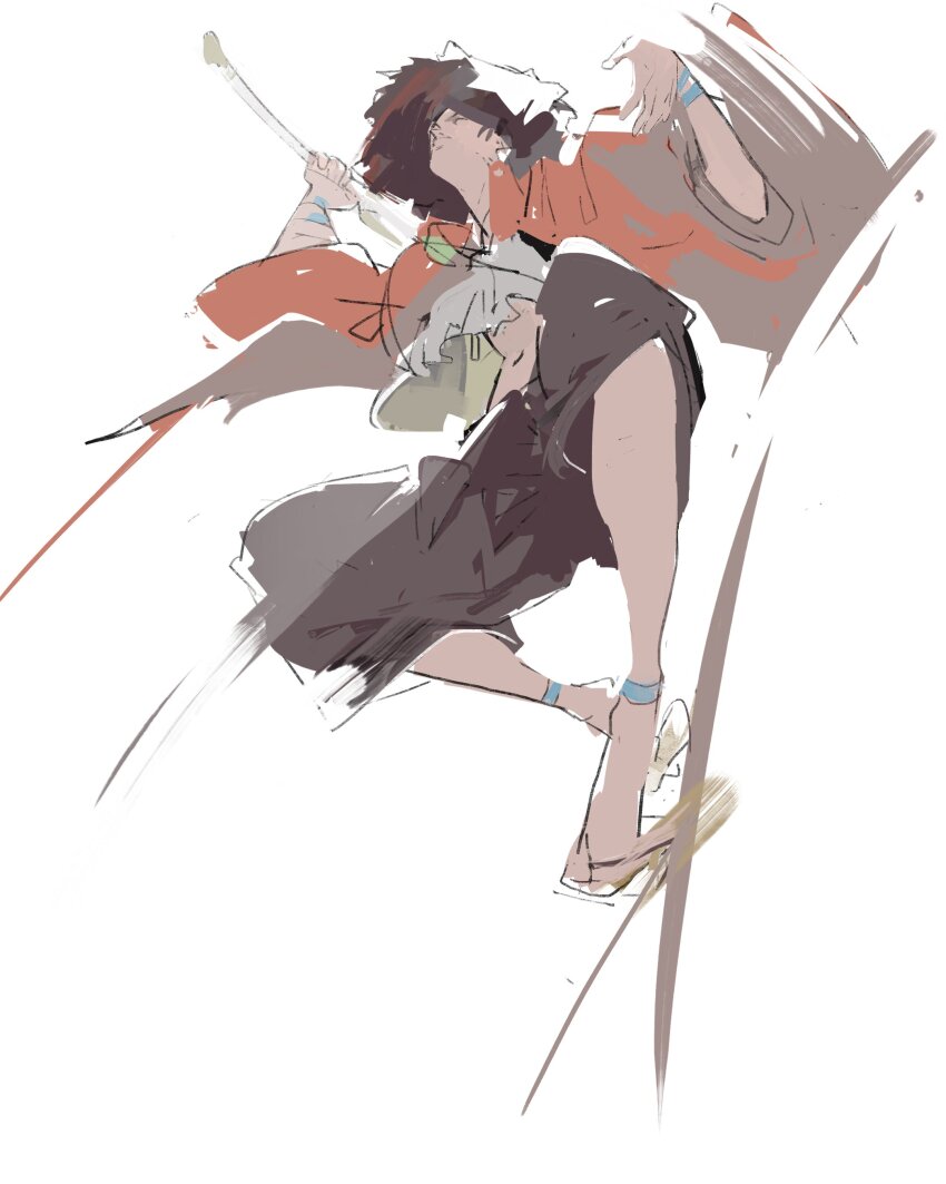 1boy absurdres from_below full_body hashtag-only_commentary highres holding holding_sword holding_weapon jacket kanji_(nievart) male_focus mugen_(samurai_champloo) red_jacket samurai_champloo sandals short_hair shorts simple_background solo sword weapon white_background