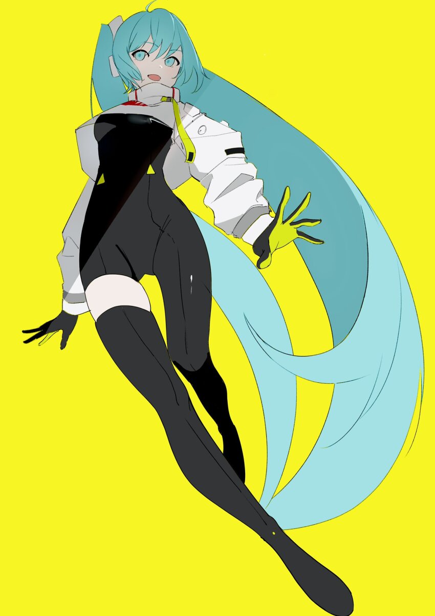 1girl asymmetrical_bodysuit black_bodysuit black_gloves blue_eyes blue_hair bodysuit boots cropped_jacket from_below full_body gloves green_gloves hatsune_miku highres jacket long_hair long_sleeves open_mouth potetoneko racing_miku racing_miku_(2022) shadow simple_background single_leg_bodysuit single_thigh_boot solo thigh_boots twintails two-tone_gloves very_long_hair vocaloid white_jacket yellow_background