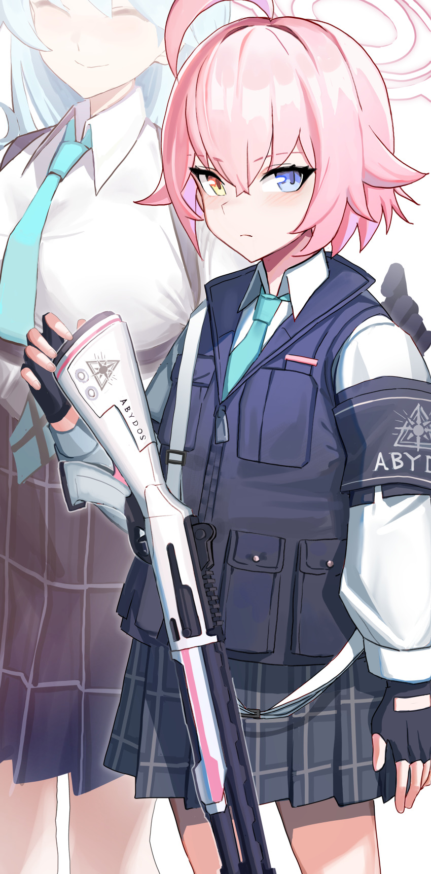 2girls ^_^ absurdres ahoge aqua_necktie armband black_gloves blue_archive blue_eyes breasts closed_eyes closed_mouth collared_shirt fingerless_gloves franz2543 gloves gun hair_between_eyes halo heterochromia highres holding holding_gun holding_weapon hoshino_(blue_archive) hoshino_(first_year)_(blue_archive) hoshino_(young)_(blue_archive) large_breasts long_sleeves looking_at_viewer multiple_girls necktie orange_eyes pink_hair plaid_clothes plaid_skirt pleated_skirt shirt short_hair shotgun simple_background skirt smile vest weapon white_background white_shirt yume_(blue_archive)