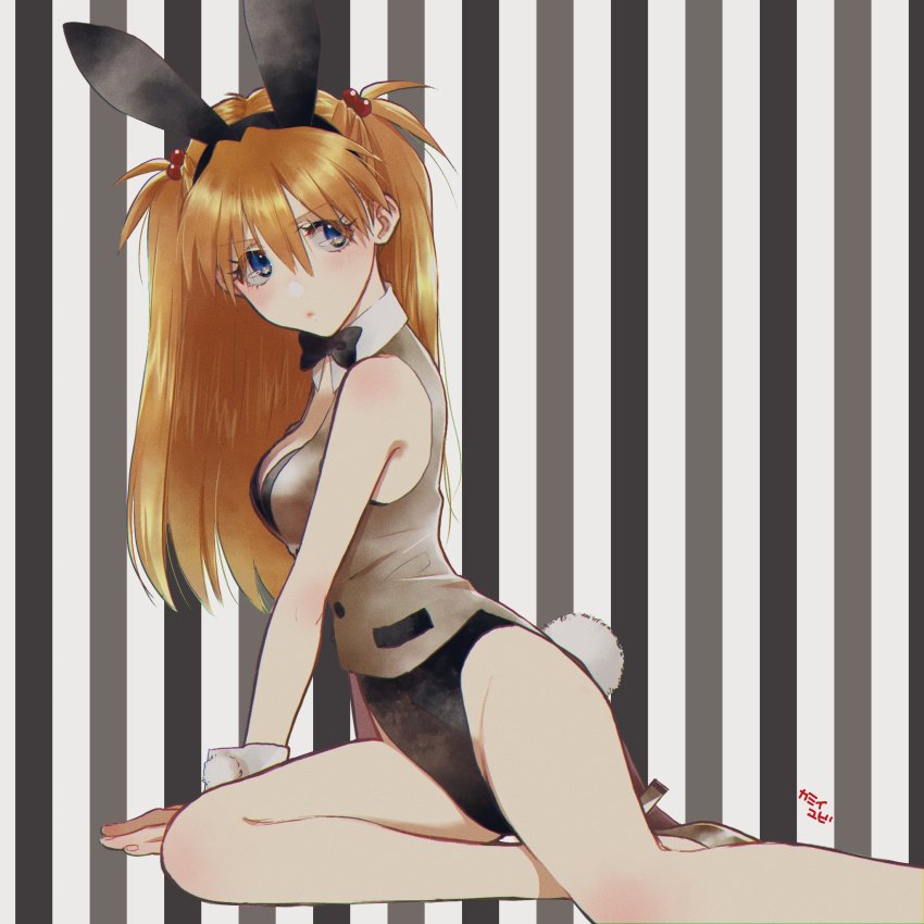 1girl animal_ears arm_support bare_legs black_leotard blue_eyes blush breasts brown_hair cleavage collarbone curvy fake_animal_ears fake_tail hair_between_eyes hair_bobbles hair_ornament highleg highleg_leotard highres leotard long_hair looking_at_viewer medium_breasts neon_genesis_evangelion rabbit_ears rabbit_tail solo souryuu_asuka_langley striped tail vertical_stripes very_long_hair wide_hips yubi_kamii