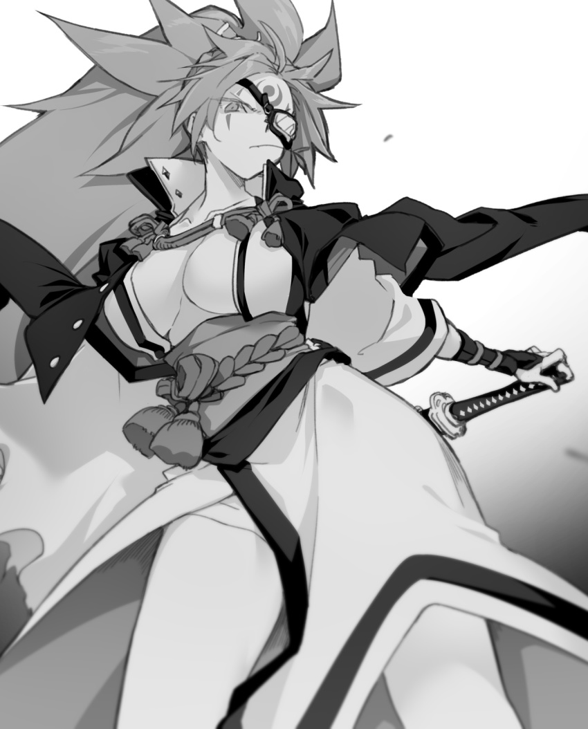 10mo 1girl amputee arm_guards baiken big_hair black_jacket breasts cleavage eyepatch facial_mark greyscale guilty_gear guilty_gear_strive highres holding jacket jacket_on_shoulders japanese_clothes kataginu katana kimono large_breasts monochrome mouth_hold one-eyed open_clothes open_kimono ponytail samurai sash scar scar_across_eye scar_on_face sheath sheathed simple_background stalk_in_mouth sword weapon white_background wide_sleeves