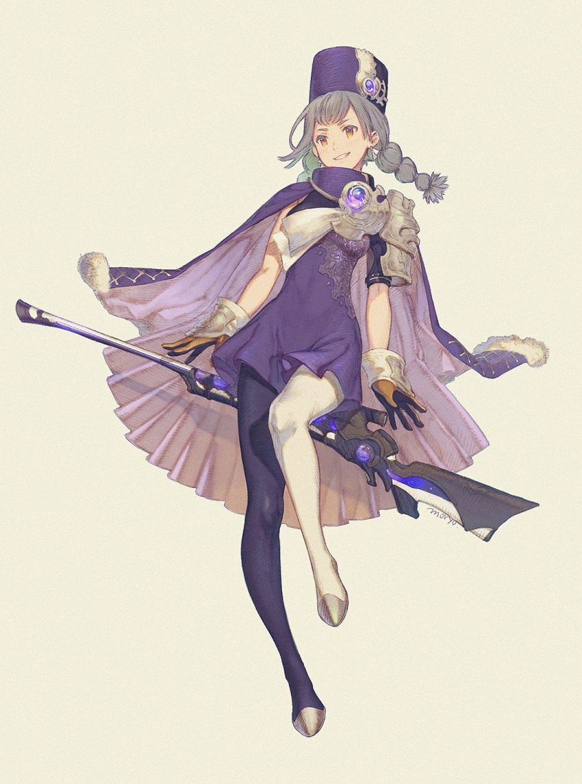 1girl artist_name asymmetrical_legwear black_gloves black_pantyhose blush braid brown_background brown_eyes brown_gloves cape dress full_body fur-trimmed_cape fur_trim gloves grey_hair grin gun hat highres long_hair looking_ahead mismatched_legwear moryo musket original pantyhose purple_cape purple_dress purple_hat short_sleeves signature simple_background single_sleeve smile solo standing standing_on_one_leg twin_braids weapon white_pantyhose