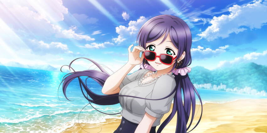 1girl adjusting_eyewear anime_coloring beach bead_necklace beads black_skirt blue_sky blurry blurry_background blush bokeh breasts cloud collarbone day depth_of_field earrings flower_earrings green_eyes grey_shirt hair_ornament hair_scrunchie hand_on_eyewear hand_up highres horizon jewelry large_breasts light_rays long_hair looking_at_viewer looking_over_eyewear love_live! love_live!_school_idol_festival_all_stars love_live!_school_idol_project low_twintails mountain necklace ocean official_art outdoors parted_lips pink_scrunchie print_shirt purple_hair sand scrunchie shirt shore short_sleeves skirt sky smile solo sunbeam sunglasses sunlight t-shirt tareme tojo_nozomi twintails upper_body water