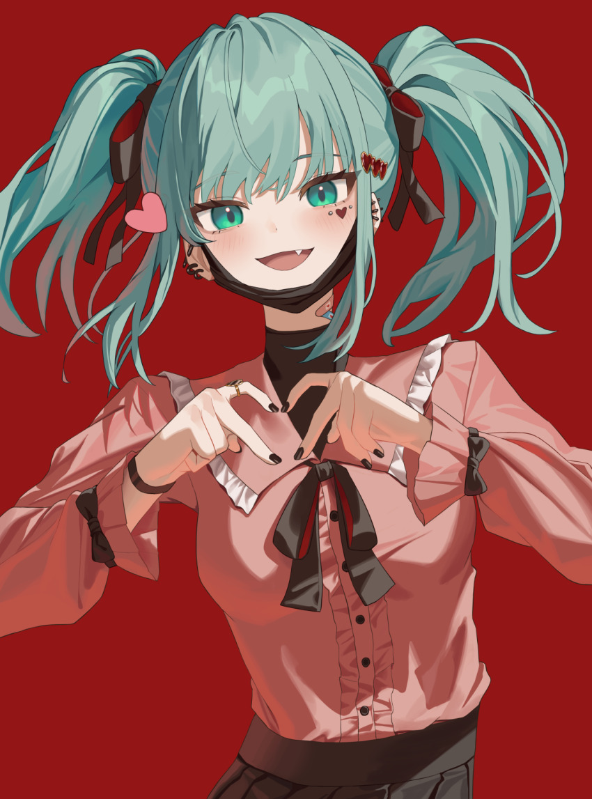 1girl aegyo_sal bandaid bandaid_on_neck black_bow black_mask black_ribbon black_skirt black_undershirt blush bow breasts center_frills commentary earrings eye_piercing fang fingernails four-finger_heart_hands frilled_sailor_collar frills green_eyes green_hair hair_bow hair_ornament hatsune_miku heart heart_hair_ornament heart_hands highres jewelry jirai_kei long_hair long_sleeves looking_at_viewer mask mask_pull mouth_mask nail_polish neck_ribbon paso_neko pink_shirt pleated_skirt red_background ribbon ring sailor_collar shirt shirt_tucked_in sidelocks simple_background skirt small_breasts smile solo twintails vampire_(vocaloid) vocaloid