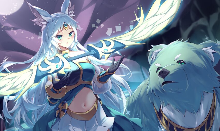 1girl absurdres apollousa_bow_of_the_goddess blue_hair body_fur bow_(weapon) breasts cowboy_shot duel_monster green_eyes green_fur highres kanzakietc large_breasts navel single_bare_shoulder skirt weapon white_skirt yu-gi-oh!