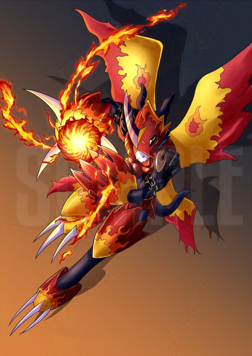 absurdres armor claws digimon digimon_(creature) fladramon fusion highres oridigi original shadramon solo wings