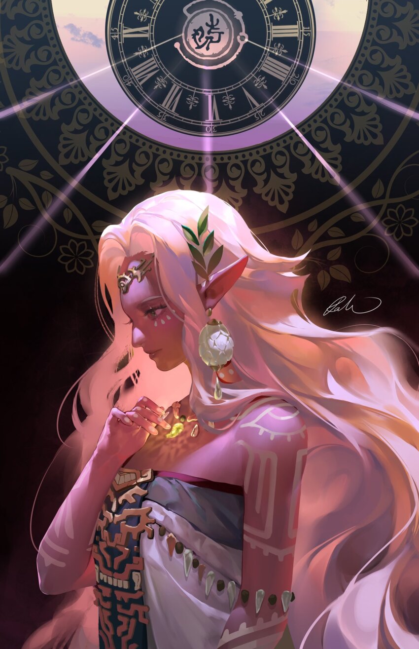 1girl dress earrings glowing_jewelry highres jewelry light_rays long_hair makeup necklace nintendo ornate pointy_ears rat_chuuu shoulder_tattoo signature sonia_(zelda) sunbeam sunlight tattoo the_legend_of_zelda the_legend_of_zelda:_tears_of_the_kingdom tiara white_dress