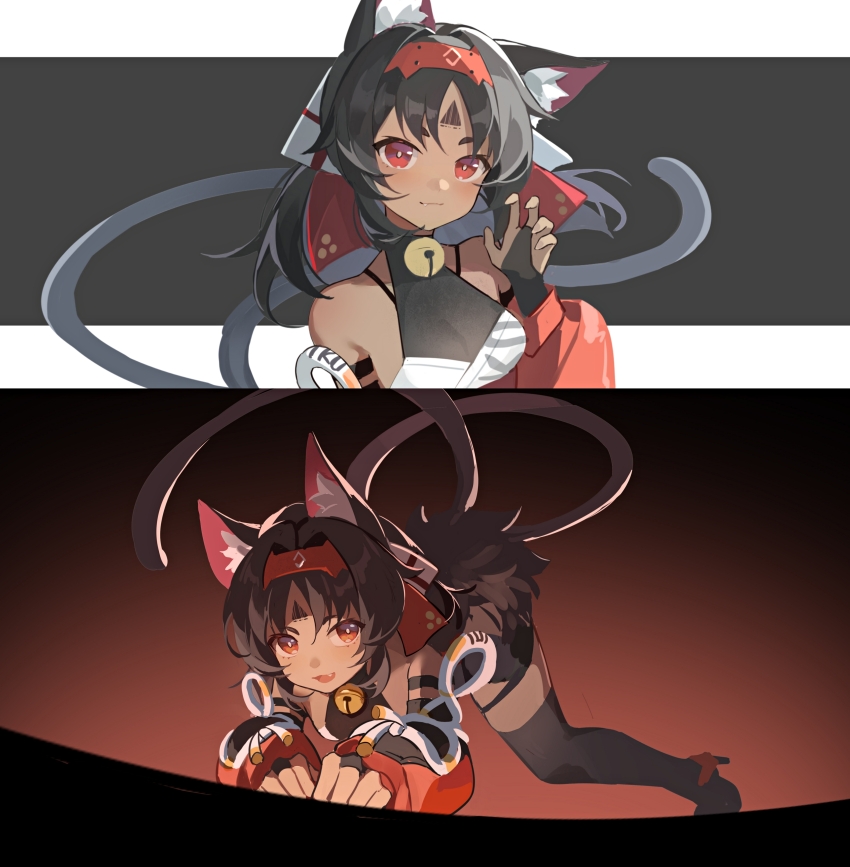 1girl absurdres animal_ears barcode bell black_bridal_gauntlets black_hair black_tail black_thighhighs bow bridal_gauntlets cat_ears cat_girl cat_tail chinese_commentary closed_mouth commentary_request detached_sleeves fang fengtu_ad forehead_tattoo hair_bow hairband halterneck highres imminent_pounce medium_hair multiple_tails neck_bell nekomiya_mana parted_bangs paw_pose red_bow red_eyes red_hairband red_pupils red_sleeves sidelocks skin_fang solo tail thighhighs two_tails white_bow zenless_zone_zero