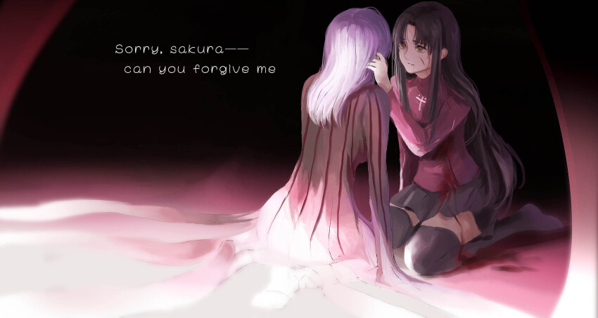 2girls black_background black_dress black_hair black_skirt black_thighhighs bleeding blood commentary_request cross dark_sakura dress english_text fate/stay_night fate_(series) gradient_background heaven&#039;s_feel highres injury kneeling kuri_ko long_hair long_sleeves looking_at_another matou_sakura multiple_girls red_shirt shirt skirt thighhighs tohsaka_rin white_background white_hair