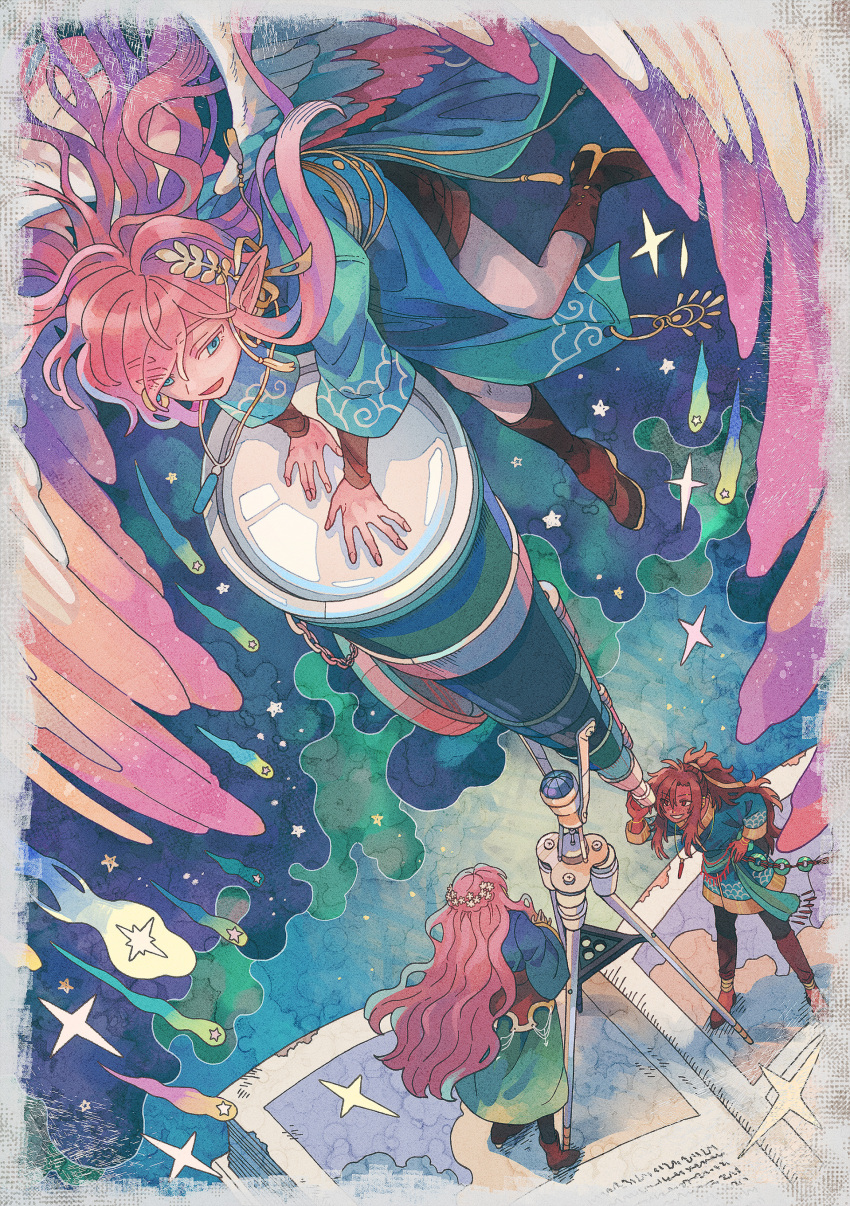 3boys absurdres angel_wings aqua_eyes aqua_shirt book boots border borrowed_character brown_boots brown_hair commission dark-skinned_male dark_skin flying from_above green_robe grin hand_rest highres holding holding_telescope jewelry male_focus midair mini_person miniboy multiple_boys necklace on_book open_book open_mouth original pants pantyhose pink_hair pointy_ears ponytail robe second-party_source shirt shooting_star skeb_commission smile sparkle standing star_(symbol) telescope tripod wavy_hair white_border white_pantyhose wings x10dareda