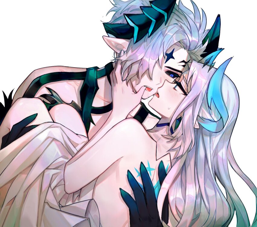 1boy 1girl annuller_(elsword) back_tattoo black_horns black_sclera blue_eyes blue_horns ciel_(elsword) colored_sclera elsword grey_hair hair_over_one_eye hand_on_another&#039;s_back highres horns ishtar_(elsword) long_hair looking_at_another luciela_r._sourcream mme12165 open_mouth pointy_ears short_hair simple_background tattoo upper_body white_background