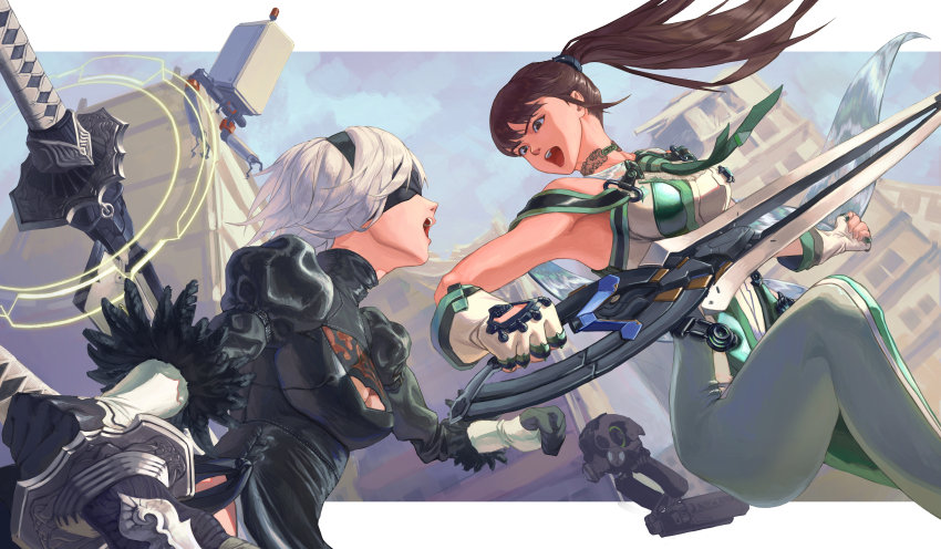 2b_(nier:automata) 2girls absurdres black_blindfold black_hair black_hairband blindfold blunt_bangs bodysuit breasts brown_eyes building commentary covered_eyes crossover dress duel dynamic_pose english_commentary eve_(stellar_blade) fingerless_gloves gloves green_bodysuit hairband highres holding holding_sword holding_weapon juliet_sleeves katana long_hair long_sleeves medium_breasts multicolored_bodysuit multiple_girls nier:automata nier_(series) open_mouth planet_diving_suit_(7th)_(stellar_blade) pod_(nier:automata) ponaponyo ponytail puffy_sleeves short_hair silver_bodysuit stellar_blade sword thighs very_long_hair weapon white_gloves white_hair