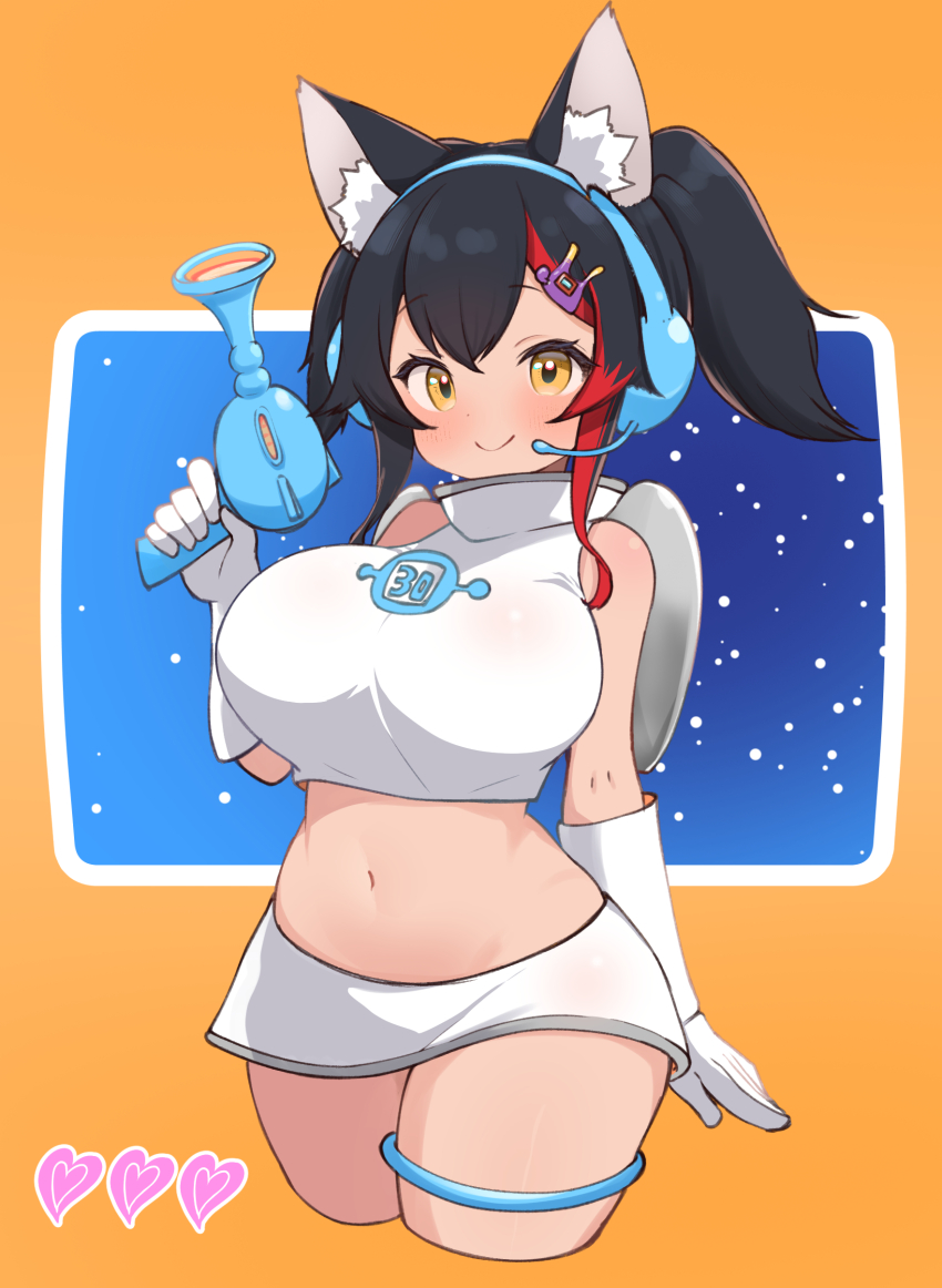 1girl absurdres alternate_costume animal_ear_fluff animal_ears black_hair blush breasts brown_eyes commentary_request cosplay cropped_legs energy_gun gloves hair_ornament headset heart highres holding_ray_gun hololive jetpack kani_bonara large_breasts long_hair looking_at_viewer microskirt multicolored_hair navel ookami_mio ray_gun red_hair skirt smile solo space_channel_5 stomach streaked_hair thigh_strap twintails ulala ulala_(cosplay) virtual_youtuber weapon white_gloves white_skirt wolf_ears wolf_girl y2k_fashion
