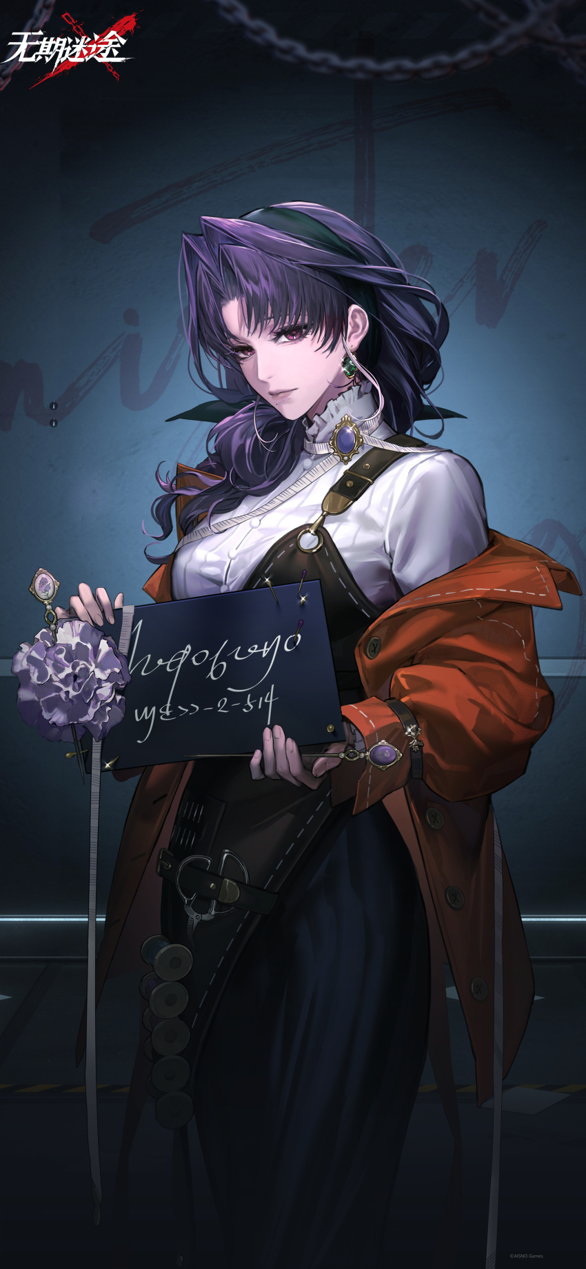 1girl absurdres against_wall apron black_skirt brown_apron chain character_name copyright_name cowboy_shot earrings garofano_(path_to_nowhere) green_hairband hair_intakes hairband highres holding holding_needle holding_sign indoors jacket jewelry knitting_needle leather_apron logo long_hair long_skirt mole mole_under_mouth mugshot needle off_shoulder official_art official_wallpaper orange_jacket path_to_nowhere prison_clothes purple_brooch purple_eyes purple_hair shirt sign skirt solo white_shirt