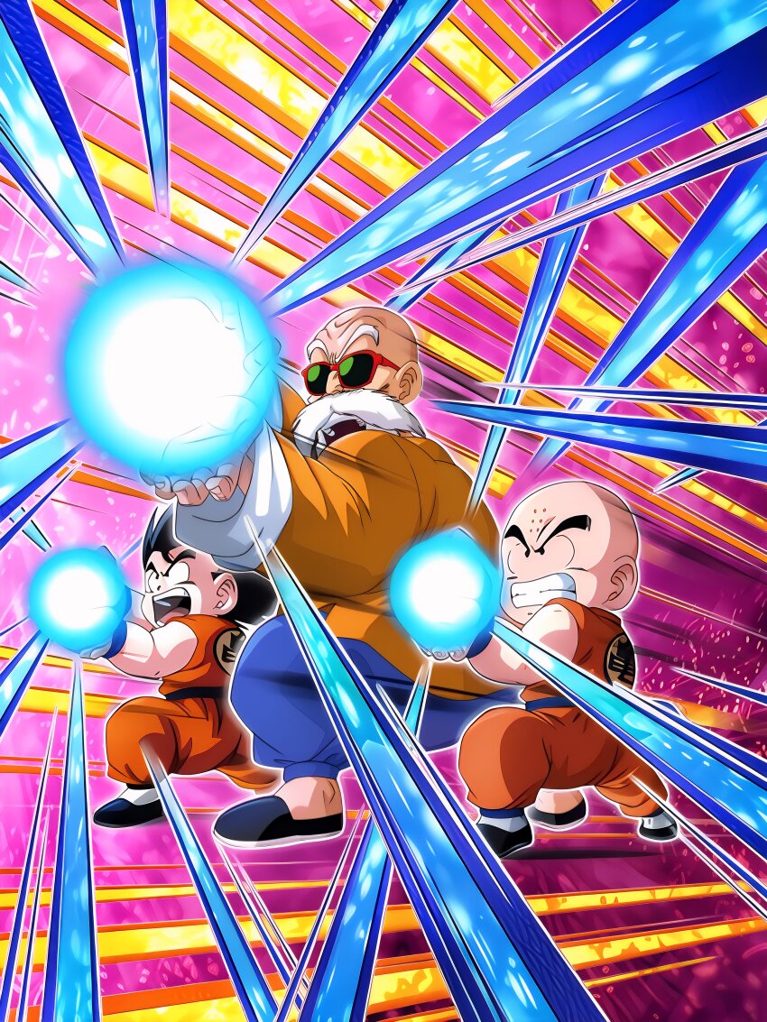 3boys absurdres dokkan_battle dragon_ball highres kamehameha_(dragon_ball) kuririn multiple_boys muten_roushi official_art son_goku