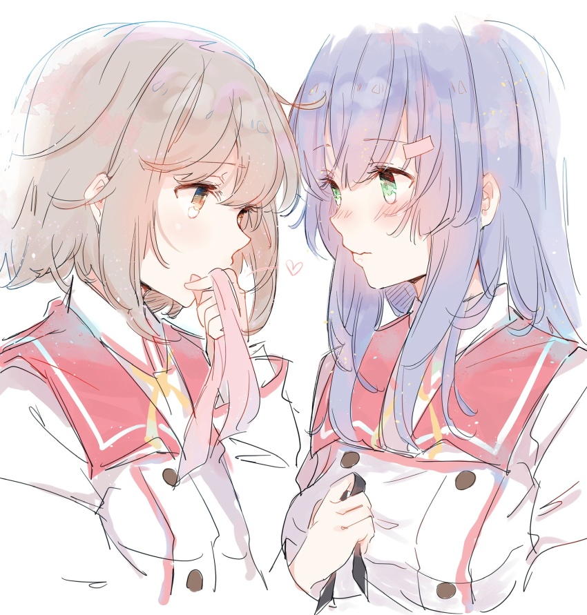 2girls blush breasts brown_eyes brown_hair commentary_request etou_kanami green_eyes hair_down hand_up heart highres holding holding_ribbon large_breasts lionet0806 long_hair long_sleeves looking_at_another minoseki_gakuin_uniform multiple_girls neck_ribbon orange_ribbon pink_ribbon purple_hair red_sailor_collar ribbon sailor_collar school_uniform shirt short_hair sidelocks simple_background toji_no_miko white_background white_shirt winter_uniform yanase_mai yuri