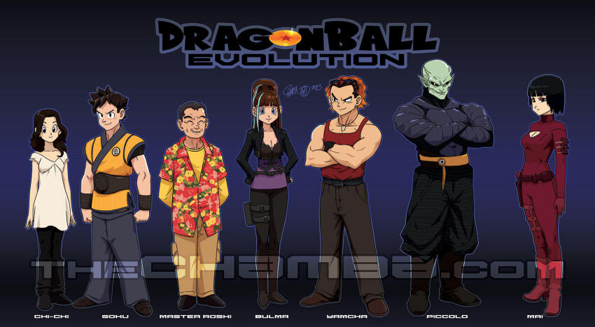 2013 3girls 4boys arms_behind_back belt black_eyes black_footwear black_hair black_pants black_sclera blue_eyes breasts brown_footwear brown_hair brown_pants bulma chamba chi-chi_(dragon_ball) cleavage cleavage_cutout clenched_hands closed_eyes closed_mouth clothing_cutout colored_sclera colored_skin commentary crossed_arms dougi dragon_ball dragonball_evolution dress english_commentary english_text evil_grin evil_smile gloves green_skin grey_hair grin hands_on_own_hips hawaiian_shirt height_difference highres jewelry lineup logo long_hair long_sleeves mai_(dragon_ball) multicolored_hair multiple_boys multiple_girls muscular muscular_male muten_roushi necklace orange_belt pants piccolo pointy_ears purple_skirt red_gloves red_tank_top red_uniform shirt signature skirt smile smirk son_goku spiked_hair standing standing_at_attention streaked_hair tank_top toriyama_akira_(style) utility_belt watermark white_dress yamcha yellow_shirt