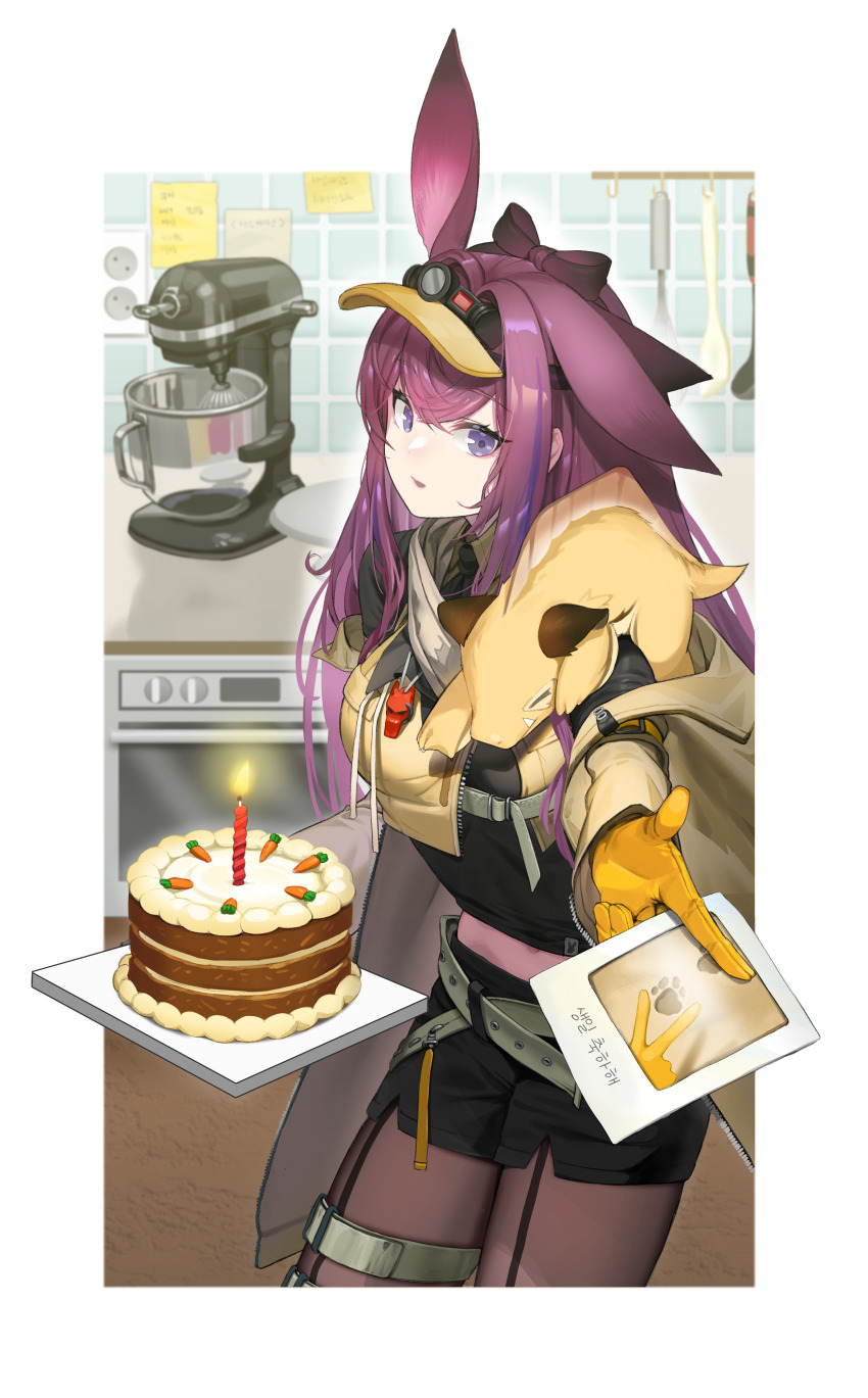 1girl absurdres animal animal_ears animal_on_shoulder arknights belt black_shirt black_shorts blue_eyes blurry bow-shaped_hair breasts brown_pantyhose cake candle collared_vest commentary_request cowboy_shot crop_top depth_of_field extra_ears food garter_straps gloves guamon highres holding jacket korean_commentary long_hair long_sleeves looking_at_viewer medium_breasts midriff mixer_(cooking) multicolored_hair navel necktie off_shoulder open_clothes open_jacket outstretched_arm pantyhose parted_lips photo_(object) purple_hair rabbit_ears ray_(arknights) sandbeast_(arknights) shirt short_necktie short_shorts shorts solo streaked_hair thigh_strap transparent_background vest visor_cap yellow_gloves yellow_jacket yellow_vest