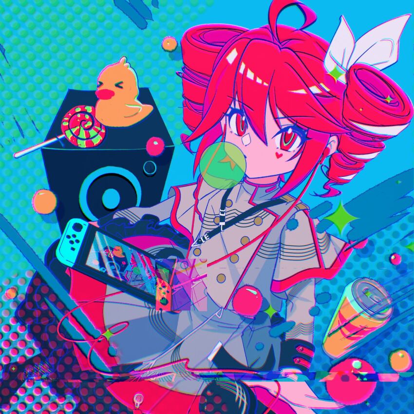 1girl ahoge amplifier belt birthday black_belt black_skirt black_sleeves blue_background bow can candy chewing_gum commentary_request drill_hair drink_can facial_tattoo food grey_jacket grey_skirt hair_bow hair_ribbon heart heart_tattoo highres jacket juhuacha kasane_teto kasane_teto_(sv) layered_skirt layered_sleeves lollipop long_sleeves looking_at_viewer microphone nintendo nintendo_switch red_eyes red_skirt red_thighhighs ribbon rubber_duck shoulder_belt shoulder_boards simple_background skirt soda_can solo striped_clothes striped_jacket striped_skirt swirl_lollipop synthesizer_v tattoo thighhighs twin_drills utau white_bow white_ribbon
