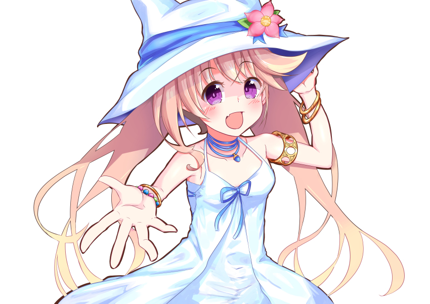 1girl absurdres bare_shoulders blonde_hair bracelet breasts dress flower genjou92 hat hat_flower highres iris_mysteria! jewelry ladis_(iris_mysteria!) long_hair looking_at_viewer open_mouth purple_eyes small_breasts smile twintails white_background white_dress white_hat