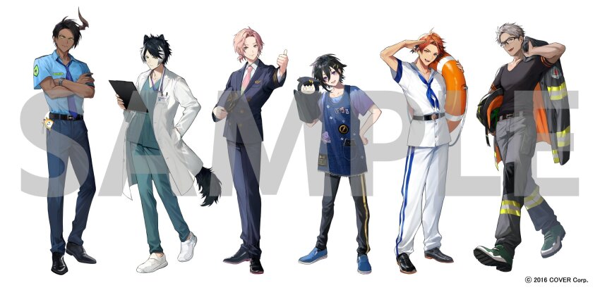 6+boys :d ahoge alternate_costume alternate_hairstyle animal_ears apron aragami_oga arurandeisu badge belt black-framed_eyewear black_belt black_footwear black_hair black_hat black_jacket black_pants black_shirt black_suit blue_apron blue_footwear blue_neckerchief blue_necktie blue_pants blue_shirt border0715 buttons carrying carrying_under_arm charm_(object) clipboard closed_mouth coat collared_shirt copyright_notice crossed_arms curtained_hair dark-skinned_male dark_skin demon_horns doctor double-breasted earrings fake_horns fire_helmet firefighter firefighter_jacket formal_clothes full_body glasses green_eyes green_footwear grey_hair hair_between_eyes hair_ornament hair_slicked_back hairclip hand_in_pocket hand_on_own_hip hand_puppet hat helmet heterochromia highres holding holding_clipboard holding_helmet holding_swim_ring holding_unworn_clothes holding_unworn_hat holostars horned_helmet horns id_card innertube jackal_boy jackal_ears jackal_tail jacket jacket_over_shoulder jewelry kageyama_shien kanade_izuru kindergarten_teacher lab_coat lanyard lapels light_smile lightning_bolt lightning_bolt_hair_ornament lightning_bolt_symbol loafers long_sleeves looking_at_viewer low_ponytail male_focus medical_scrubs mole mole_under_eye multicolored_hair multiple_boys neckerchief necktie notched_lapels object_in_pocket official_art open_clothes open_coat open_collar open_mouth orange_eyes orange_hair over-rim_eyewear oxfords pants peaked_cap pectorals pen_in_pocket pilot_uniform pink_hair pink_necktie pocket police police_uniform policeman pomekorokke ponytail puppet purple_eyes purple_shirt rikka_(holostars) sailor sailor_collar sailor_shirt salute sample_watermark semi-rimless_eyewear shirt shoes short_hair short_sleeves simple_background single_horn smile sneakers standing streaked_hair stud_earrings suit suit_jacket swept_bangs swim_ring t-shirt tail thumbs_up two-sided_fabric two-sided_jacket two-tone_hair unhinged_izuru_(kanade_izuru) unworn_hat unworn_headwear unworn_jacket virtual_youtuber walking watermark white_background white_coat white_footwear white_hair white_pants white_shirt yukoku_roberu