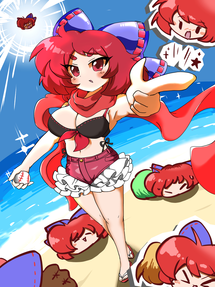 1girl absurdres beach bikini black_bikini blue_bow bow breasts cleavage commentary_request disembodied_head frilled_shorts frills full_body hair_bow highres hutae_no_kym index_finger_raised large_breasts multiple_heads navel ocean outdoors pointing pointing_at_viewer red_eyes red_hair red_scarf red_shorts scarf sekibanki sekibanki_(dullahan_on_the_beach) short_hair shorts solo standing swimsuit touhou touhou_lostword