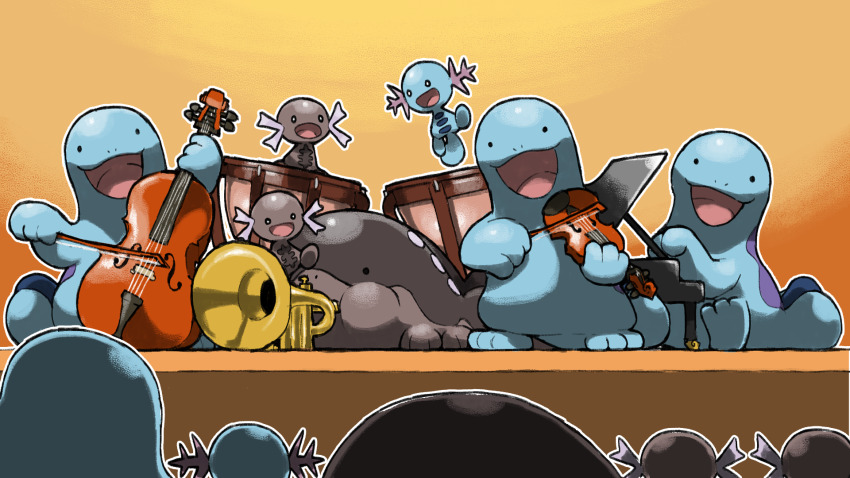 :d animal_focus blacknirrow blowing bow_(music) cello clodsire creatures_(company) drum evolutionary_line game_freak gen_2_pokemon highres holding holding_bow_(music) holding_instrument holding_violin instrument music nintendo no_humans open_mouth orchestra outline paldean_wooper piano playing_instrument pokemon pokemon_(creature) pokemon_focus quagsire smile trumpet violin white_outline wooper