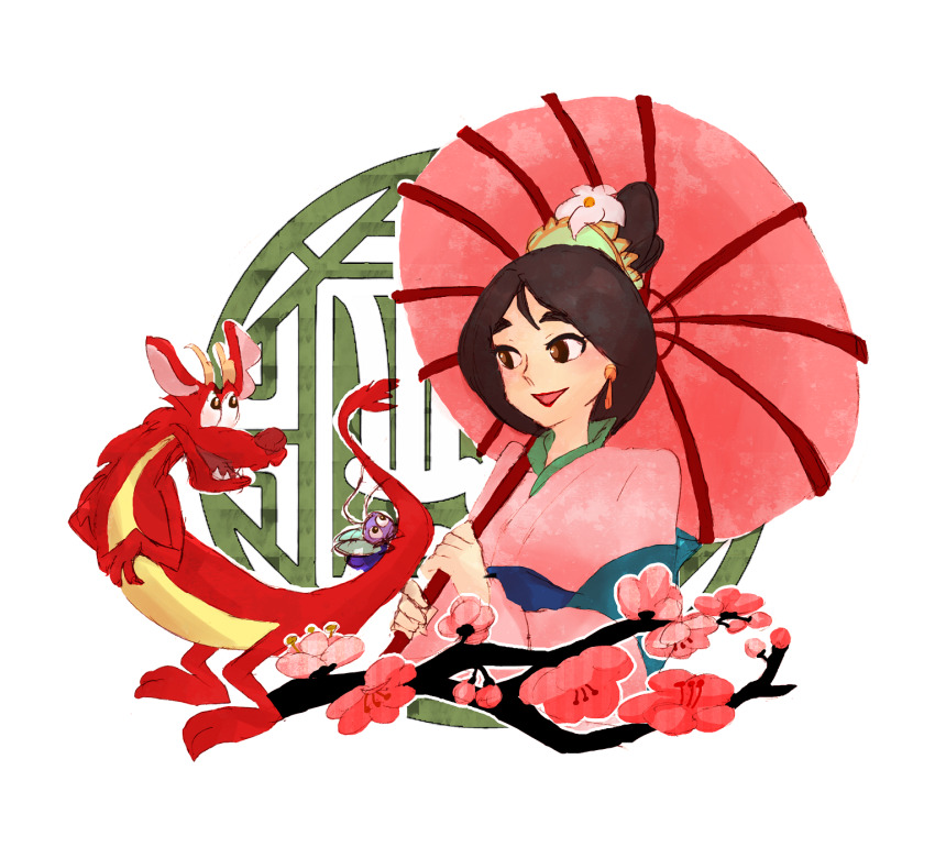 1boy 1girl black_hair chinese_clothes dress earrings fa_mulan_(disney) goofylovesmaxgoof hair_bun hanfu highres holding jewelry lips lipstick long_hair looking_at_viewer makeup mulan_(movie) mushu_(disney) short_hair simple_background smile solo