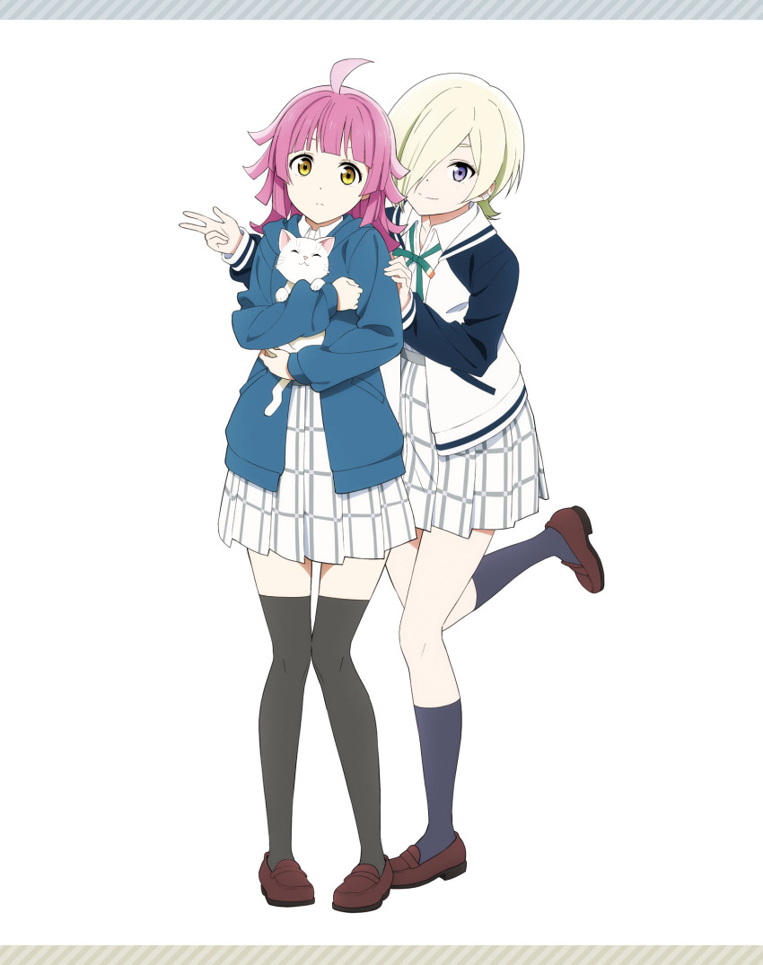 2girls ahoge animal artbook black_thighhighs blonde_hair blue_jacket blunt_bangs blunt_ends cat hair_over_one_eye hanpen_(love_live!) highres holding holding_animal jacket loafers long_sleeves looking_at_viewer love_live! love_live!_nijigasaki_high_school_idol_club medium_hair mia_taylor multicolored_hair multiple_girls neck_ribbon nijigasaki_school_uniform non-web_source official_art pink_hair pleated_skirt purple_eyes ribbon school_uniform shirt shoes short_hair skirt smile socks standing standing_on_one_leg tennoji_rina thighhighs white_cat white_shirt white_skirt winter_uniform yellow_eyes