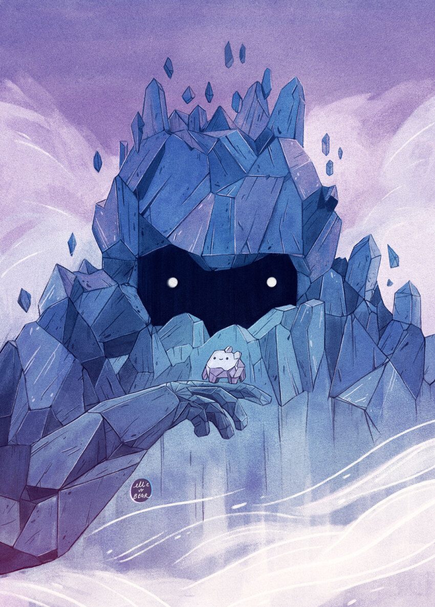 artist_name commentary creature creature_on_hand ellievsbear english_commentary highres holding monster mountain no_pupils original outdoors rock signature size_difference sky smile standing upper_body wind