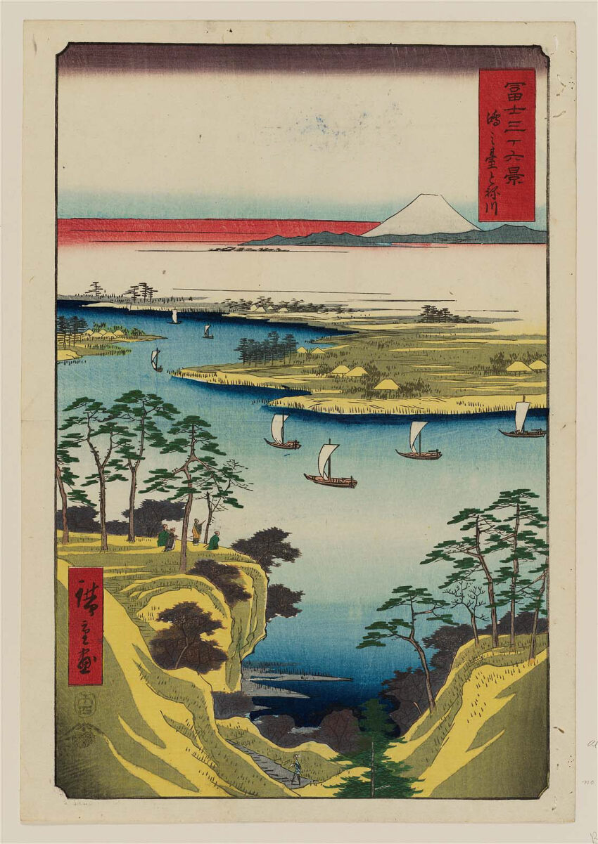 19th_century 5others ando_hiroshige blue_sky boat cloud coast facing_away fine_art_parody gradient_sky green_kimono highres hill japan japanese_clothes kimono mount_fuji mountain multiple_others nihonga original outdoors parody purple_sky river sail scenery sky thirty-six_views_of_mount_fuji_(hiroshige) traditional_media translation_request tree ukiyo-e valley volcano water watercraft white_sky