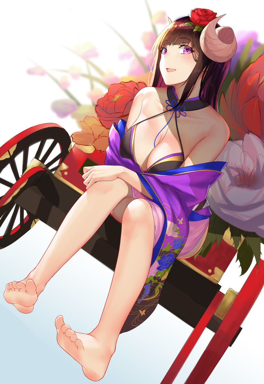 1girl absurdres azur_lane bare_shoulders barefoot breasts brown_hair cleavage collarbone commentary_request curled_horns dutch_angle feet flower full_body hair_flower hair_ornament highres horns japanese_clothes kimono kojo_(0124) long_hair medium_breasts on_bench open_mouth purple_eyes revision rickshaw sitting smile soles solo suruga_(azur_lane) suruga_(hundred_flower&#039;s_auspice)_(azur_lane) toes