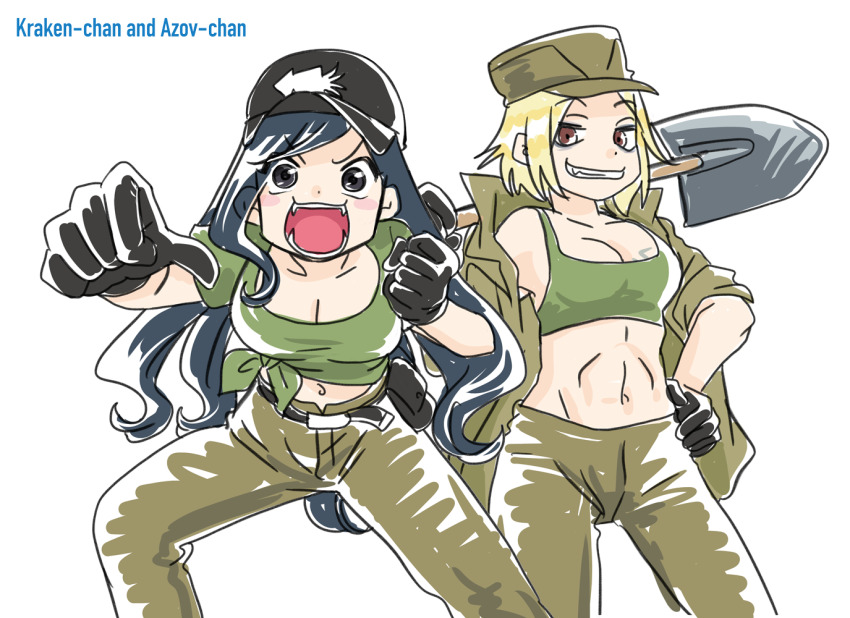azov_battalion belt black_gloves black_hat blonde_hair blue_hair blush breasts brown_eyes brown_jacket brown_pants clenched_hand crop_top fang fangs gloves green_shirt grin groin hand_on_own_hip hat holding holding_over_opposite_shoulder holding_shovel jacket japanon kraken_(japanon) kraken_regiment light_blush long_hair looking_at_viewer marichka medium_breasts military military_uniform multiple_girls navel non-web_source open_clothes open_jacket open_mouth original pants parted_lips peaked_cap russo-ukrainian_war shirt short_hair shovel smile squid_print swastika_tattoo teeth ukraine v-shaped_eyebrows