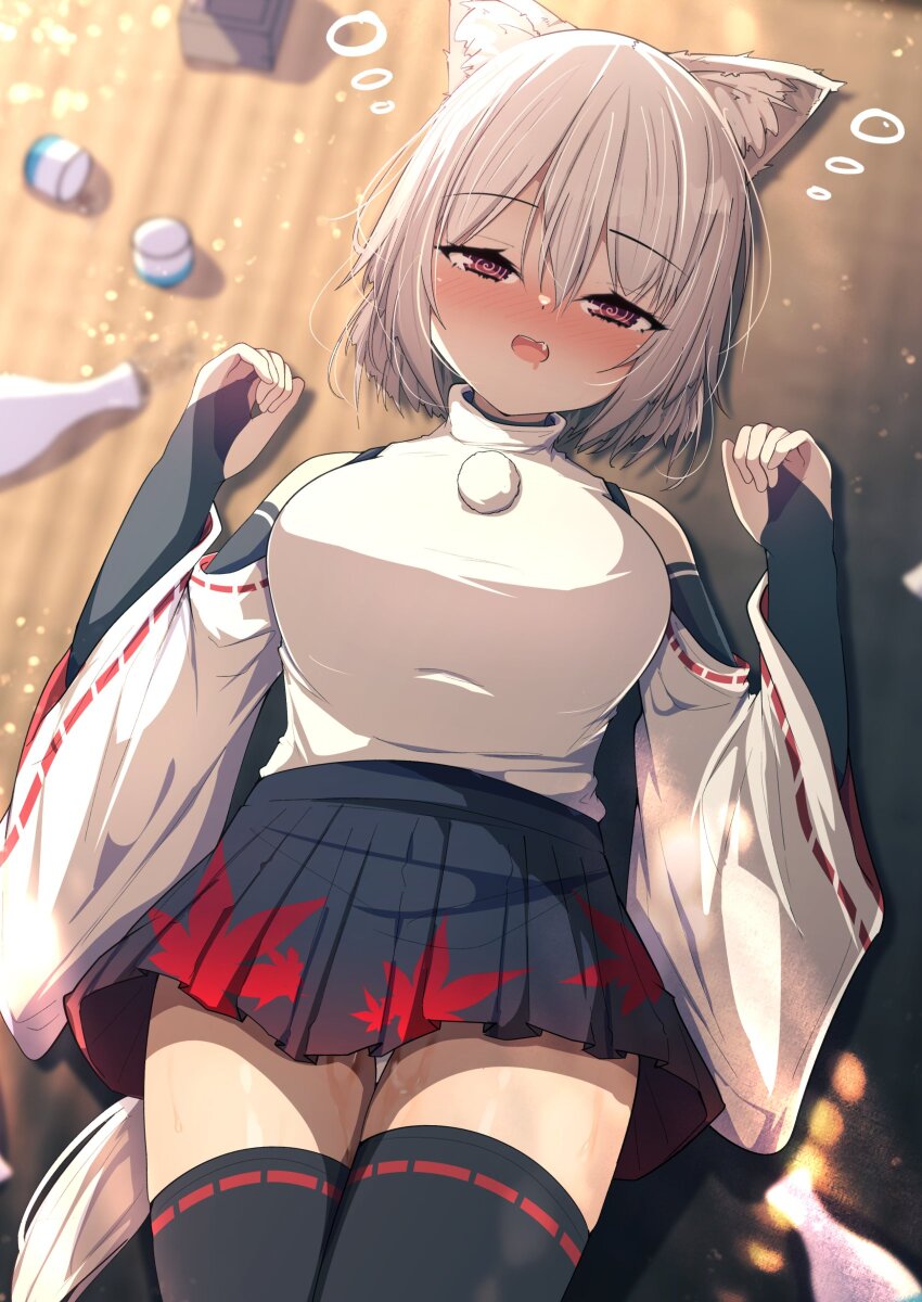 1girl @_@ absurdres alcohol animal_ear_fluff animal_ears black_bridal_gauntlets black_skirt black_thighhighs blush breasts bridal_gauntlets choko_(cup) commentary_request cowboy_shot cup darumoon detached_sleeves drunk hair_between_eyes highres inubashiri_momiji large_breasts leaf_print long_bangs looking_at_viewer lying maple_leaf_print masu miniskirt nose_blush on_back on_floor open_mouth panties peeing peeing_self pleated_skirt pom_pom_(clothes) print_skirt red_eyes ribbon-trimmed_sleeves ribbon-trimmed_thighhighs ribbon_trim sake shirt shirt_tucked_in short_hair skirt sleeveless sleeveless_shirt smile solo squeans tail thighhighs tokkuri touhou turtleneck underwear white_hair white_panties white_shirt white_sleeves wide_sleeves wolf_ears wolf_tail zettai_ryouiki