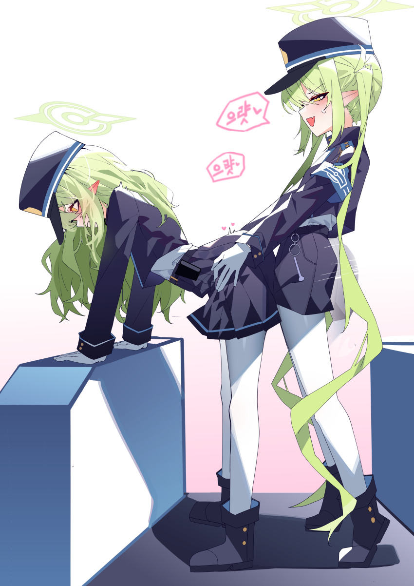 2girls absurdres armband bent_over black_boots black_jacket black_shorts black_skirt blue_archive blue_armband blush boots dry_humping from_side gloves green_hair green_halo halo hat highres hikari_(blue_archive) humping incest its2h35 jacket long_hair long_sleeves multiple_girls nozomi_(blue_archive) open_mouth pantyhose peaked_cap pointy_ears shorts siblings sisters skirt smile speech_bubble standing tiptoes twintails very_long_hair white_gloves white_pantyhose yellow_eyes yuri