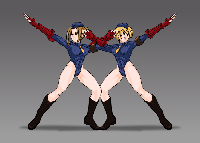 2girls absurdres blonde_pubic_hair boots bow bowtie brown_hair capcom gloves hat highres juli_(street_fighter) juni_(street_fighter) leotard multiple_girls potan salute street_fighter street_fighter_zero_(series)