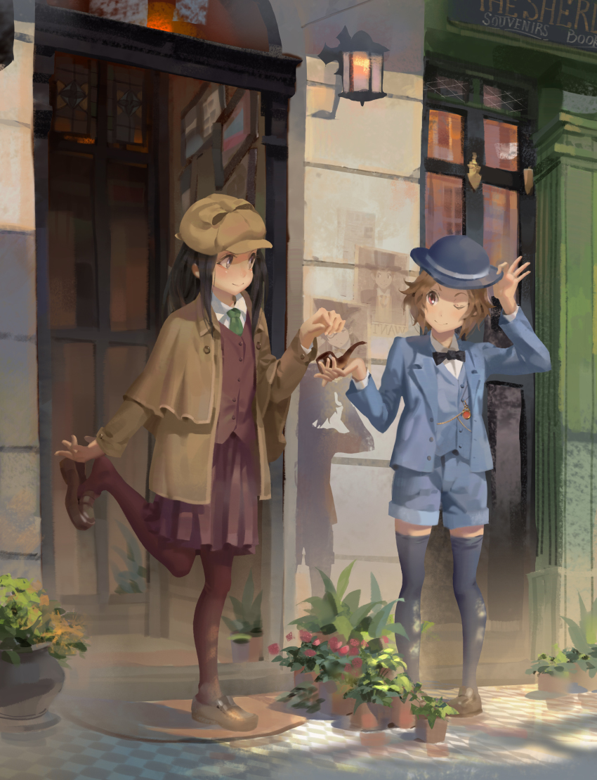 2girls absurdres adjusting_clothes adjusting_headwear black_hair black_neckwear blue_headwear blue_jacket blue_shorts blue_thighhighs blue_vest bow bowtie brown_coat brown_footwear brown_hair brown_headwear brown_legwear chitanda_eru closed_mouth coat commentary deerstalker detective door green_neckwear hat highres holding hyouka ibara_mayaka jacket kimi_ni_matsuwaru_mystery lamppost leg_up loafers long_hair long_sleeves looking_at_another multiple_girls necktie one_eye_closed outdoors pantyhose plant potted_plant psi_(583278318) purple_eyes red_eyes red_skirt shirt shoe_dangle shoes short_hair shorts skirt smile smoking_pipe standing thighhighs traditional_bowtie vest white_shirt wing_collar