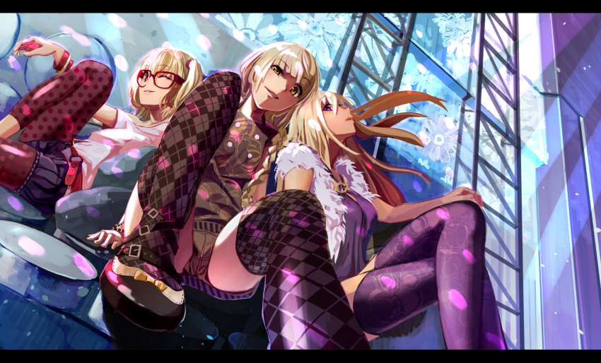 3girls argyle_clothes argyle_legwear arm_up belt bespectacled blonde_hair blouse blue_background bracelet braid capri_pants color_connection contemporary crossed_legs daisy_(flower) dutch_angle earrings flandre_scarlet flower fujita_(condor) glasses hair_color_connection head_tilt highres hoop_earrings jewelry kirisame_marisa knee_up ladder letterboxed lips long_hair looking_at_viewer multiple_girls off_shoulder one_eye_closed pants pantyhose pantyhose_under_shorts parted_lips patterned_legwear polka_dot polka_dot_legwear purple_eyes reclining red-framed_eyewear red_eyes shirt short_hair shorts side_ponytail sideways_glance single_braid sitting smile sneer stage_connection thighhighs touhou wink yakumo_yukari yellow_eyes