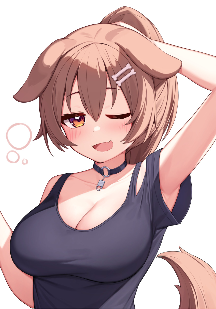 1girl ;d animal_ears arm_up black_choker black_shirt blush bone_hair_ornament breasts brown_eyes brown_hair bunching_hair choker cleavage dog_ears dog_tail fang hair_between_eyes hair_ornament highres holding holding_own_hair hololive inugami_korone inugami_korone_(loungewear) large_breasts long_hair looking_at_viewer one_eye_closed open_mouth ponytail shirt short_sleeves simple_background skin_fang smile solo tail upper_body verdey virtual_youtuber white_background