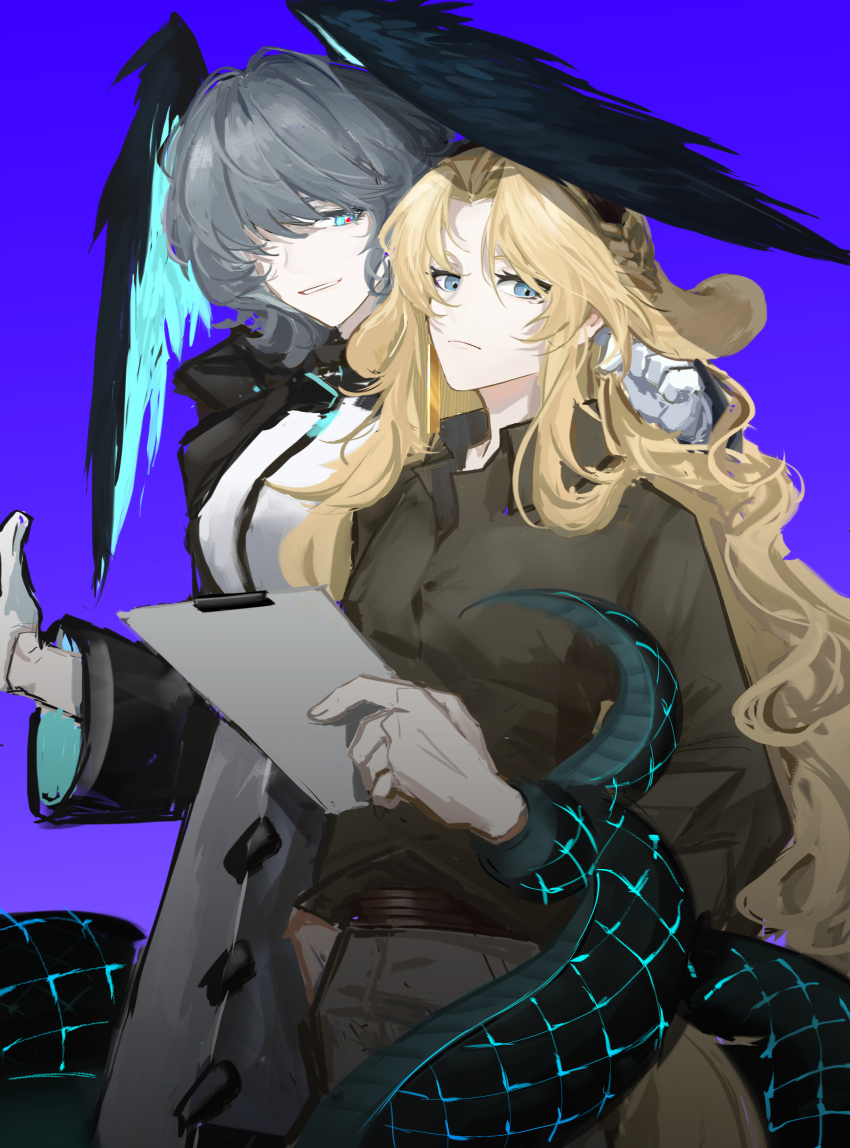 2girls absurdres animal_ears aqua_eyes arknights belt black_coat blonde_hair blue_background breasts brown_shirt clipboard closed_mouth coat collared_shirt couple from_side gloves grey_hair grey_pants hair_over_one_eye hand_in_pocket hand_on_another&#039;s_shoulder hand_up hands_up head_wings highres ho&#039;olheyak_(arknights) holding holding_clipboard hood hood_down kannz kristen_(arknights) large_breasts long_hair long_sleeves looking_down looking_to_the_side multicolored_eyes multiple_girls pants parted_bangs parted_lips red_pupils shirt short_hair simple_background smile standing tail wavy_hair white_gloves wide_sleeves wings yuri