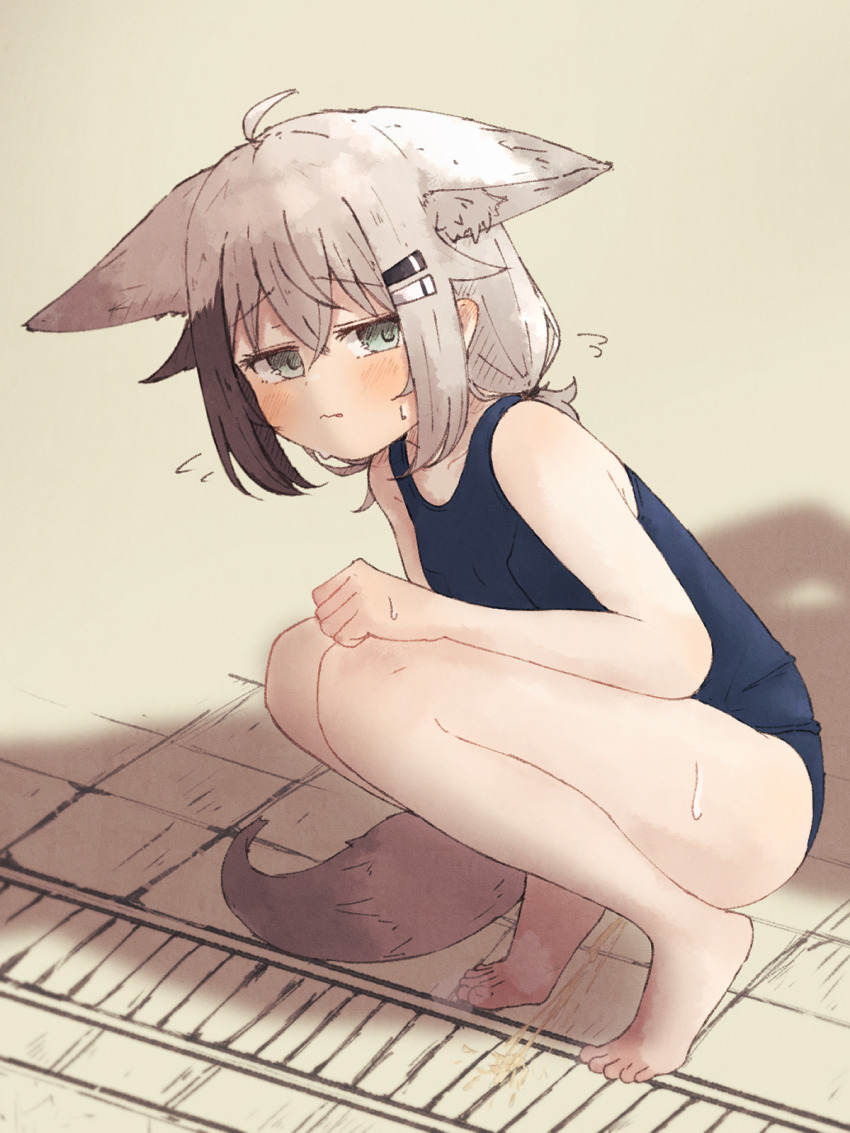 1girl ahoge animal_ears barefoot blue_one-piece_swimsuit blush hair_ornament hairclip highres kuon_(meguru_1225) meguru_1225 one-piece_swimsuit original pee peeing school_swimsuit solo squatting swimsuit tail