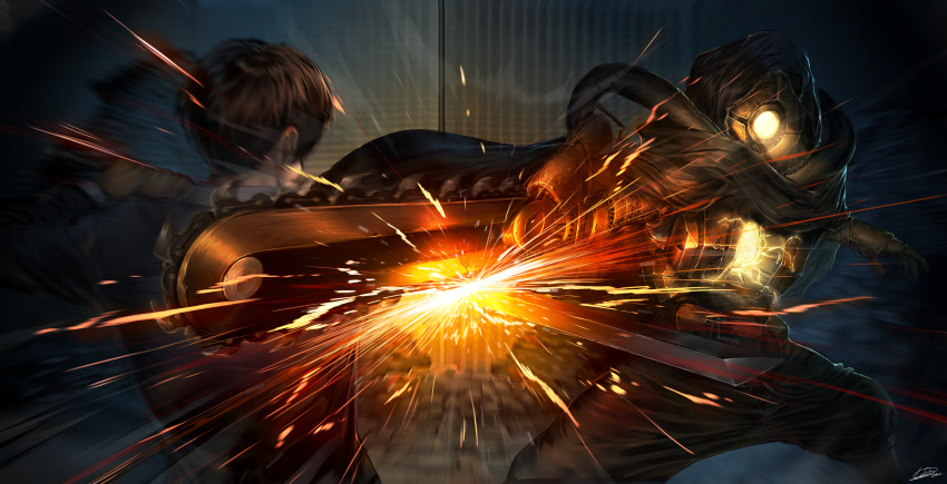 1boy 1other absurdres android arnold_(project_moon) black_cape cape chainsaw chainsword clash electricity fighting fighting_stance highres holding holding_sword holding_weapon hood hood_up hooded_cape humanoid_robot library_of_ruina lubban one-eyed outdoors project_moon robot rock rubble sparks sword sword_clash weapon