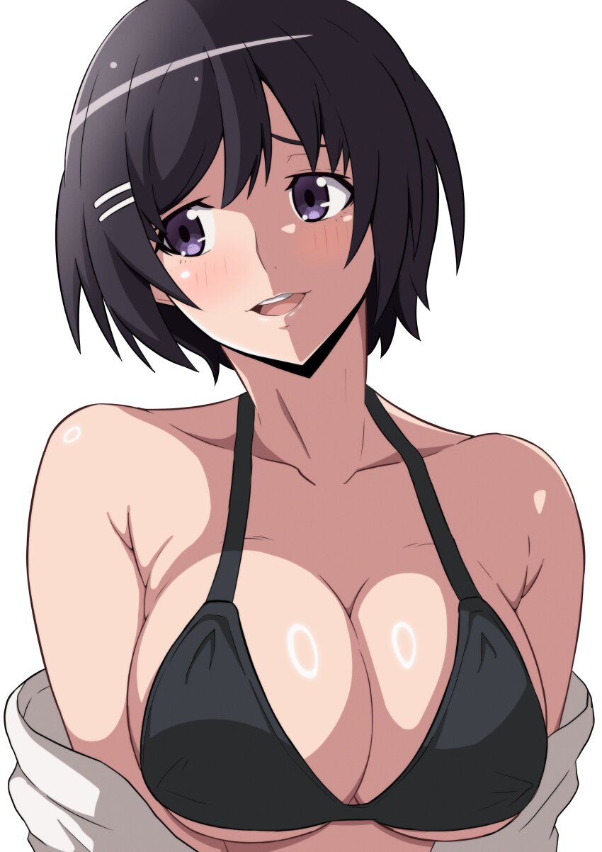 1girl absurdres bare_shoulders bikini black_bikini black_hair blush breasts cleavage collarbone hair_ornament hairclip hanekawa_tsubasa highres kakukakusan large_breasts light_blush monogatari_(series) open_mouth purple_eyes short_hair simple_background solo swimsuit teeth upper_body upper_teeth_only white_background