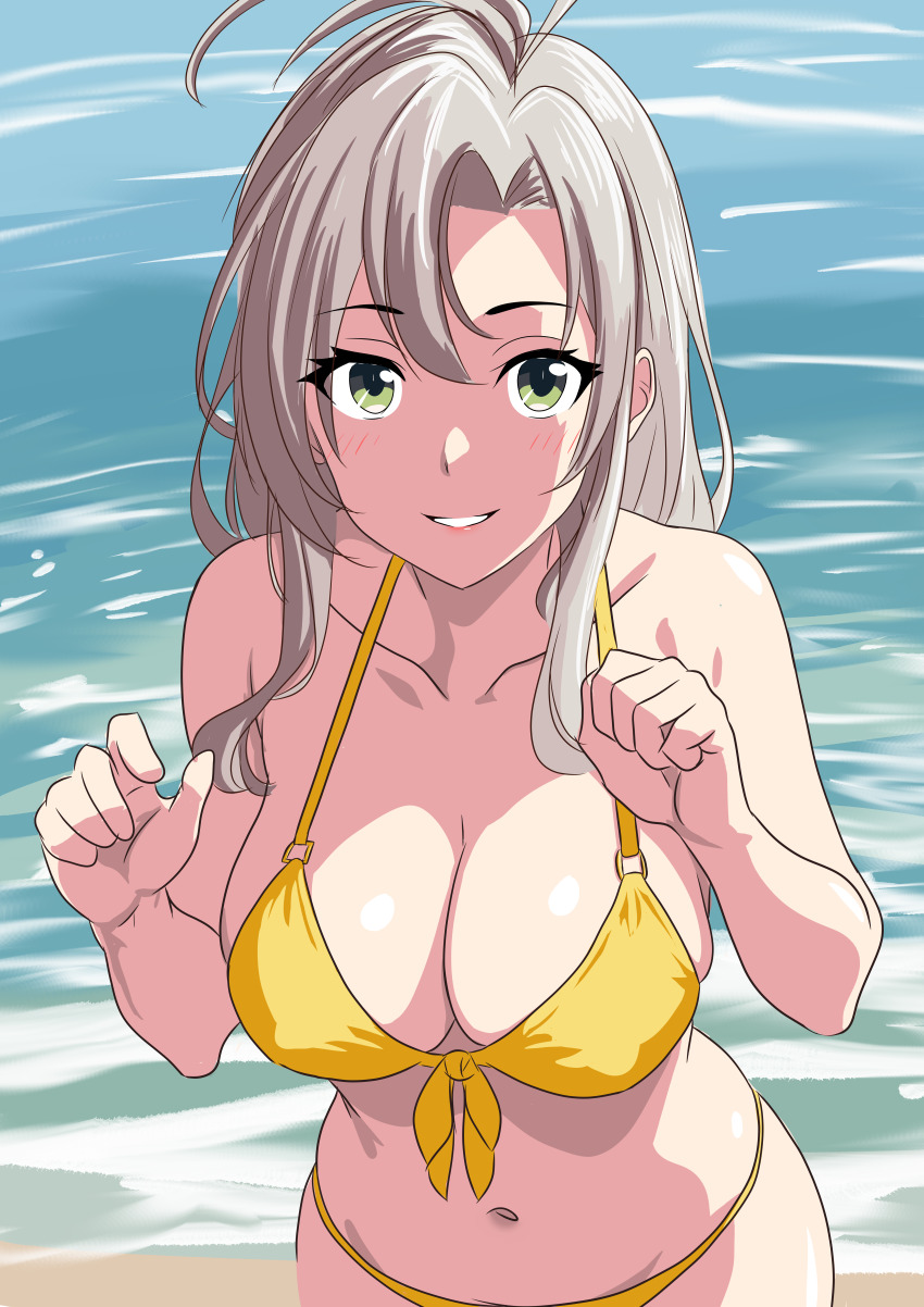 1girl absurdres antenna_hair bare_shoulders beach bikini bone_namu(namu49850) breasts cleavage collarbone commentary_request front-tie_bikini_top front-tie_top green_eyes grey_hair hair_down halterneck highres kantai_collection kinugasa_(kancolle) large_breasts looking_at_viewer navel ocean parted_lips smile solo swimsuit upper_body water yellow_bikini