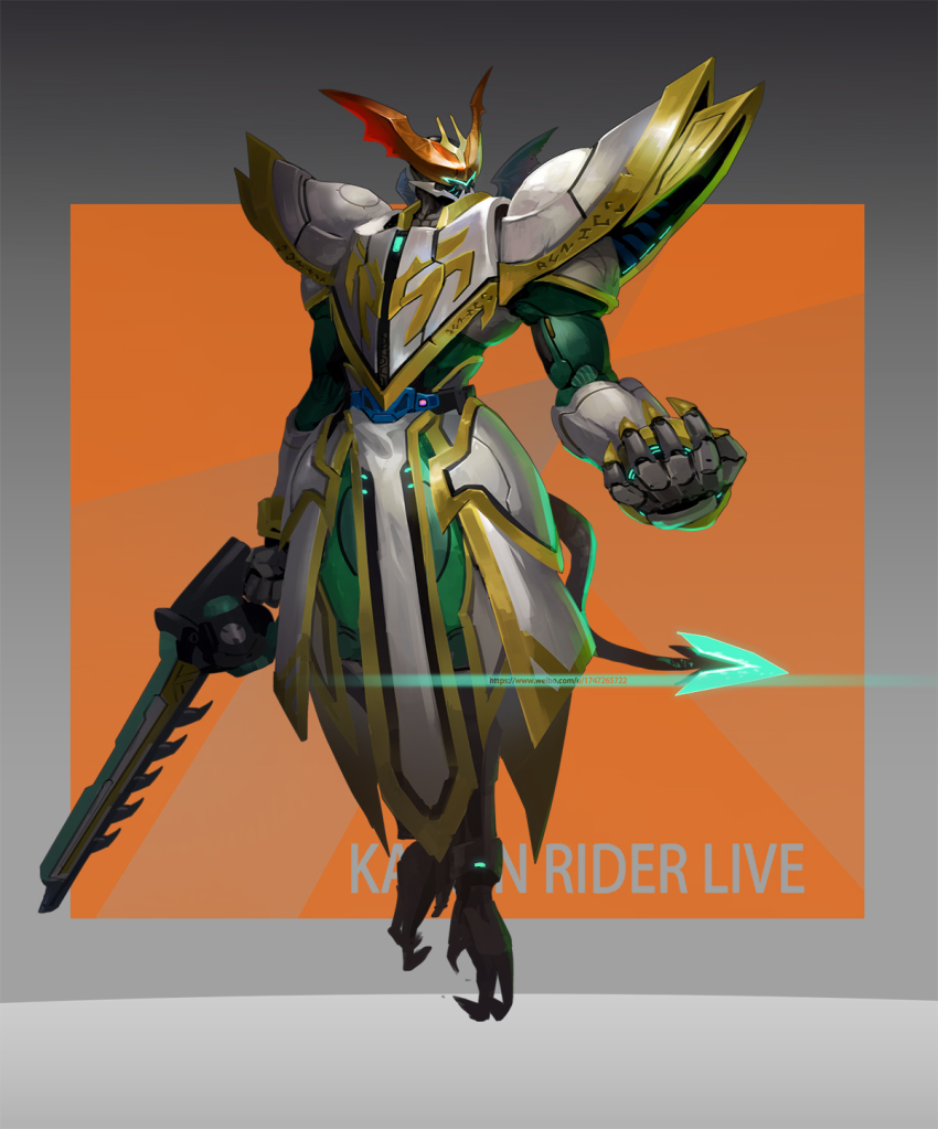 1boy armor bat_genome card clown colored_skin commentary_request cowboy_shot demon english_text floating formal_clothes full_body fusion gloves glowing glowing_eyes green_hair gun handgun highres holding holding_gun holding_weapon kamen_rider kamen_rider_live kamen_rider_revice livegun male_focus mask mecha monsterification pistol rcj revolver robot short_hair signature smile stylistic suit weapon white_armor