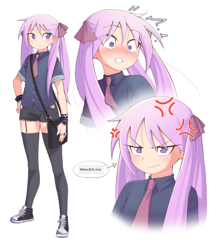 1girl anger_vein angry arms_at_sides black_shoes black_shorts black_thighhighs blue_shirt blush bow bracelet brownish_hare clenched_teeth closed_mouth collared_shirt color_guide commentary converse denim denim_shorts flat_chest full_body garter_straps hair_between_eyes hair_bow hair_over_shoulder hand_on_own_hip highres hiiragi_kagami jewelry light_blush light_frown long_hair looking_to_the_side lucky_star multiple_rings multiple_views necktie notice_lines open_mouth purple_bow purple_eyes purple_hair purple_necktie ring shirt shoes short_sleeves shorts simple_background sneakers straight_hair surprised teeth thighhighs tsurime twintails upper_body v-shaped_eyebrows wavy_mouth white_background white_shoes wristband