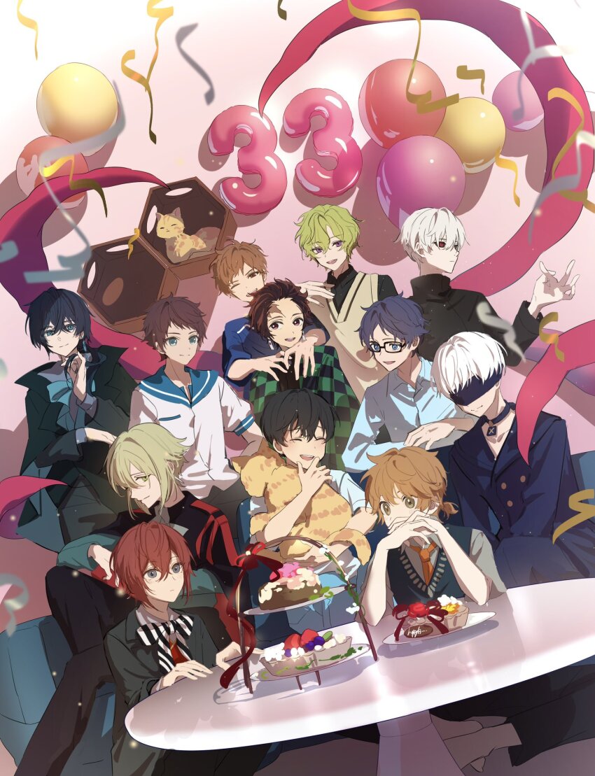 6+boys 9s_(nier:automata) animal arima_kousei asaya_kanata balloon birthday black_hair blue_eyes blue_hair blush brown_eyes brown_hair cake_stand cape cat character_request closed_eyes copyright_request couch crossover dessert earrings elan_ceres ensemble_stars! eye_mask food green_hair grey_eyes gundam gundam_suisei_no_majo hanae_natsuki highres holding holding_animal holding_cat hourglass_earrings jacket kamado_tanjirou kaneki_ken kimetsu_no_yaiba male_focus multiple_boys multiple_crossover nagi_no_asukara nezu_(se_aroe) nier:automata nier_(series) on_couch pants party purple_eyes red_eyes red_hair riddle_rosehearts sakishima_hikari school_uniform shigatsu_wa_kimi_no_uso shirt short_hair sitting smile standing streamers suufunkan_no_yell_wo sweater_vest table tokyo_ghoul tomoe_hiyori twisted_wonderland vanitas_(vanitas_no_carte) vanitas_no_carte voice_actor_connection white_hair