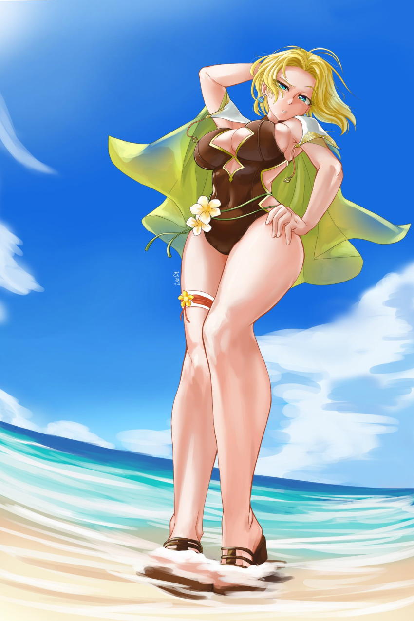 1girl blonde_hair blue_eyes breasts cape earrings female_focus fire_emblem fire_emblem:_the_sacred_stones from_below hand_on_own_head hand_on_own_hip highres jewelry lazgm looking_at_viewer medium_hair nintendo official_alternate_costume one-piece_swimsuit outdoors sandals selena_(fire_emblem:_the_sacred_stones) selena_(summer)_(fire_emblem:_the_sacred_stones) solo swimsuit thigh_strap